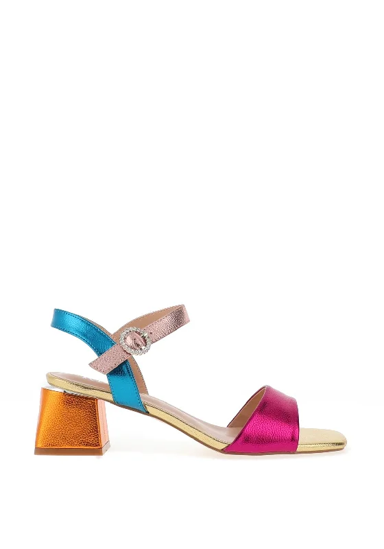 Redz Pebbled Metallic Mid Block Heeled Sandals, Rainbow