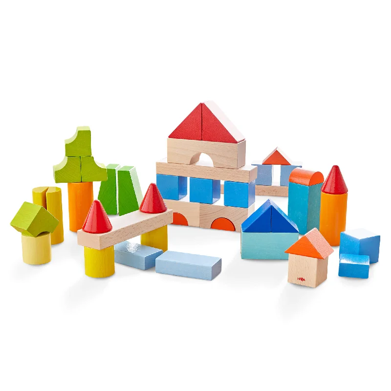 Wooden animal figurines for nature - themed play​ Colored Wooden Building Blocks - 46 Piece Set