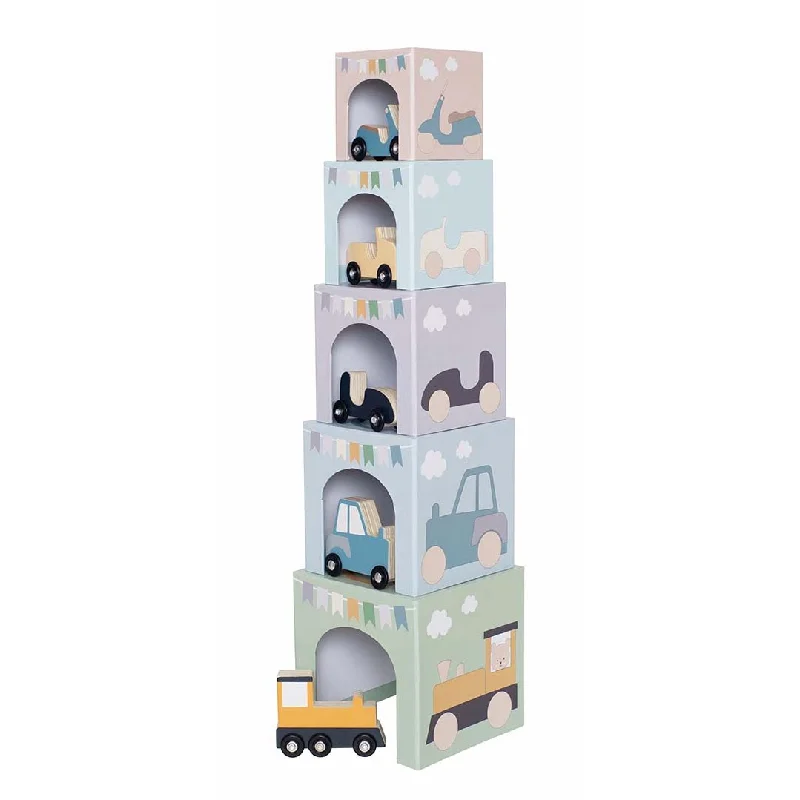 Wooden rattles for baby play​ JaBaDaBaDo Stacking cubes - Vehicles 1-5