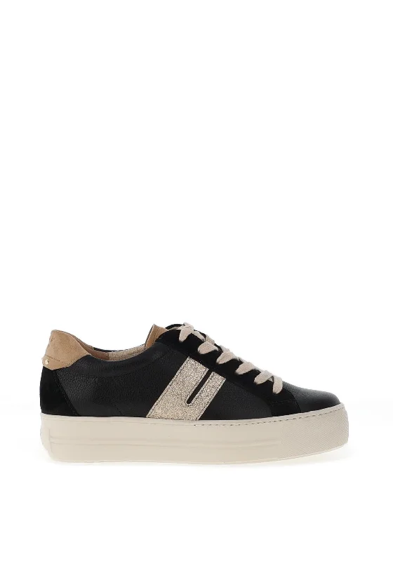 Paul Green Suede Leather Combo Laced Trainers, Black & Gold