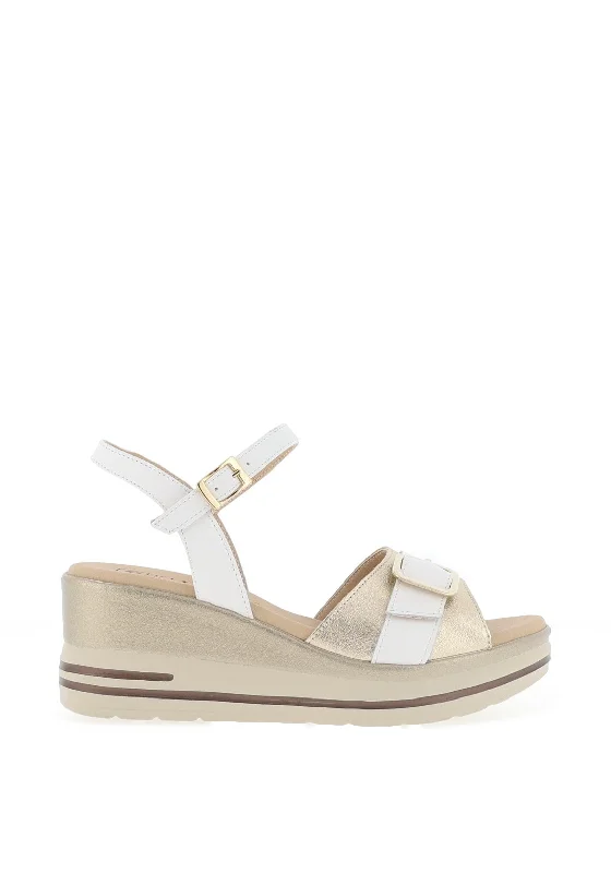 Pitillos Leather Shimmer Wedge Sandals, Gold