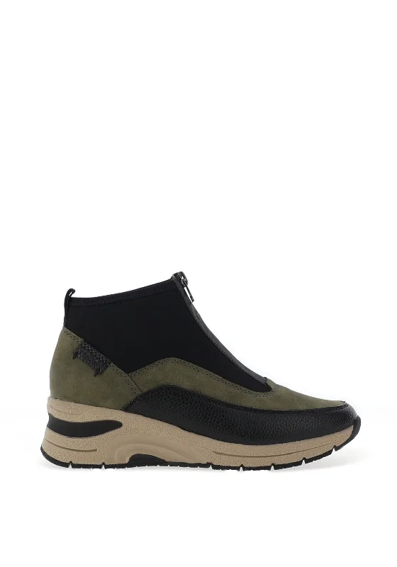 Rieker Zip Front Wedge Trainers, Khaki Green and Black