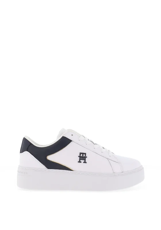 Tommy Hilfiger Womens Leather Platform Court Trainers, White & Space Blue