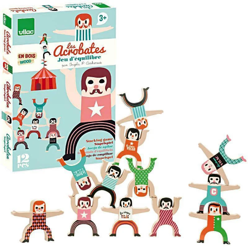 Wooden play skateboards for extreme sports play​ Vilac acrobat stacking toy