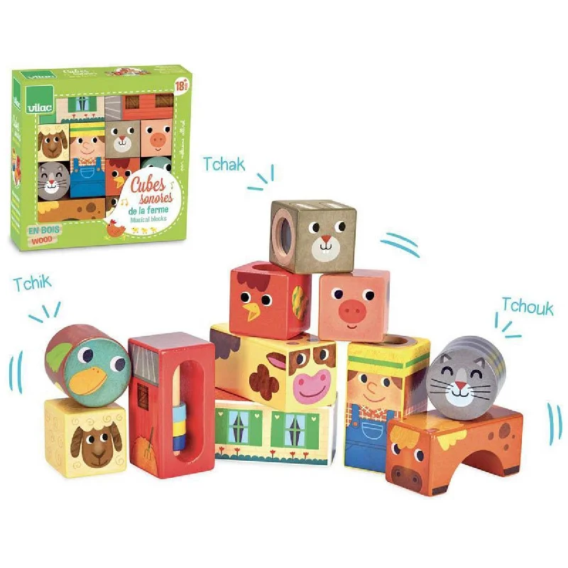 Wooden play construction sites for building play​ Vilac musical farm blocks set