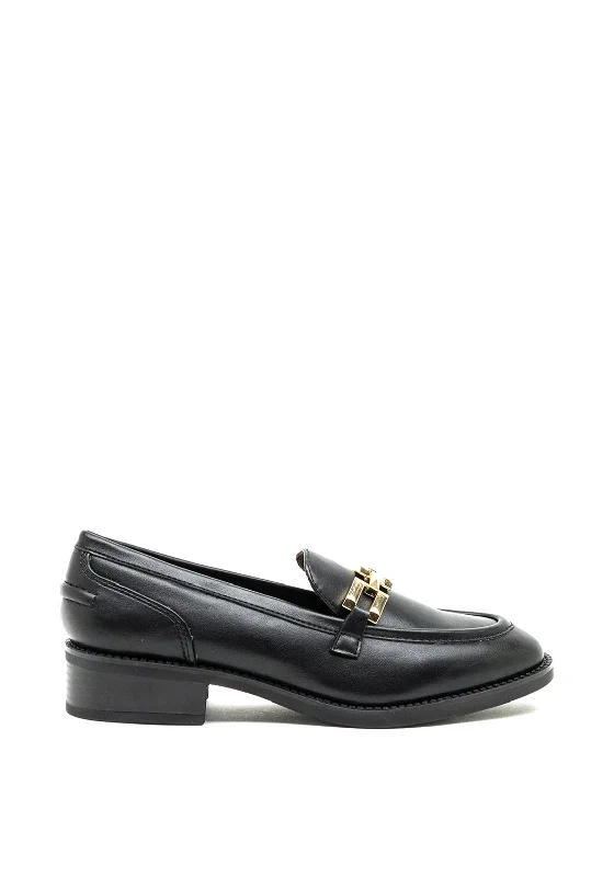 Tamaris Faux Leather Gold Buckle Loafers, Black