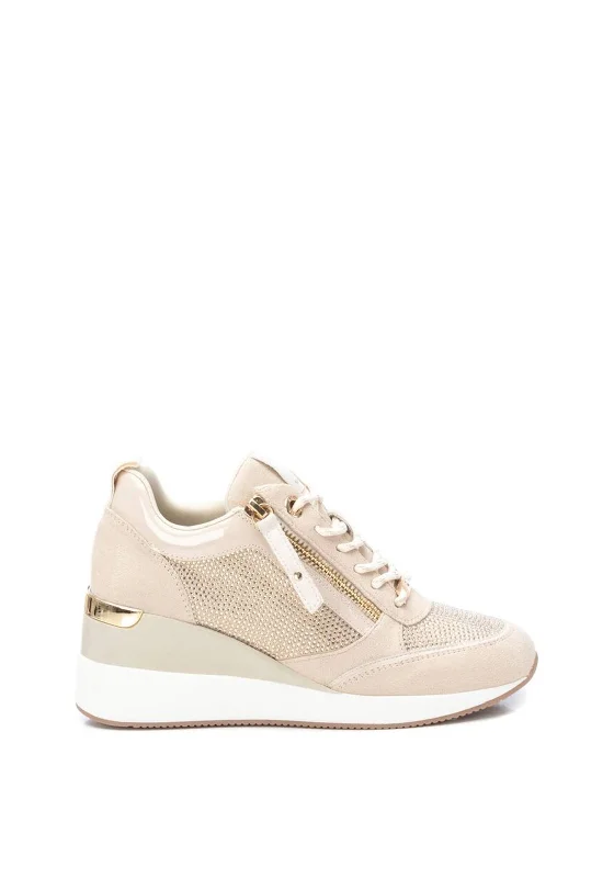 Xti Zip Detail Embellished Wedge Trainers, Beige