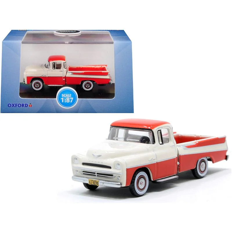 1957 Dodge D100 Sweptside Pickup Truck Tropical Coral and Glacier White 1/87 (HO) Scale Diecast Model Car by Oxford Diecast 1957 Dodge D100 Sweptside Pickup Truck Tropical Coral and Glacier White 1/87 (HO) Scale Diecast Model Car by Oxford Diecast