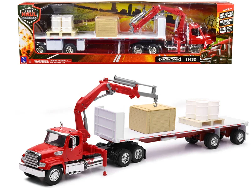 Freightliner 114SD Flatbed Truck with Crane Red with Accessories "Long Haul Trucker" Series 1/32 Diecast Model by New Ray Freightliner 114SD Flatbed Truck with Crane Red with Accessories "Long Haul Trucker" Series 1/32 Diecast Model by New Ray