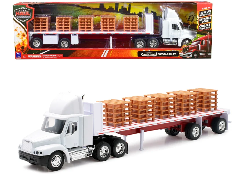 Freightliner Century Class S/T Flatbed Truck White with Pallet Accessories "Long Haul Trucker" Series 1/32 Diecast Model by New Ray Freightliner Century Class S/T Flatbed Truck White with Pallet Accessories "Long Haul Trucker" Series 1/32 Diecast Model by New Ray