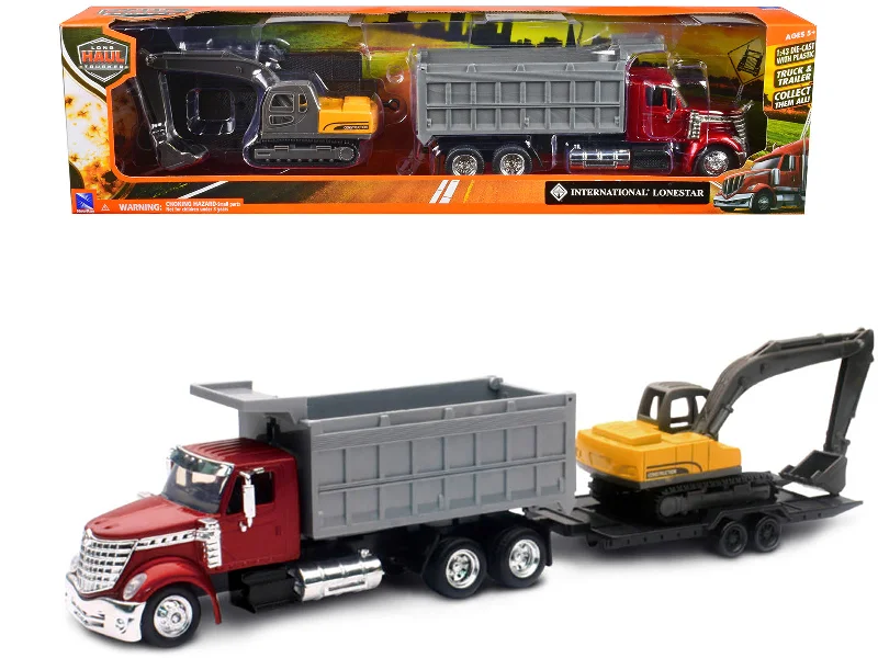 International Lonestar Dump Truck Red and Tracked Excavator Yellow with Flatbed Trailer "Long Haul Truckers" Series 1/43 Diecast Model by New Ray International Lonestar Dump Truck Red and Tracked Excavator Yellow with Flatbed Trailer "Long Haul Truckers" Series 1/43 Diecast Model by New Ray