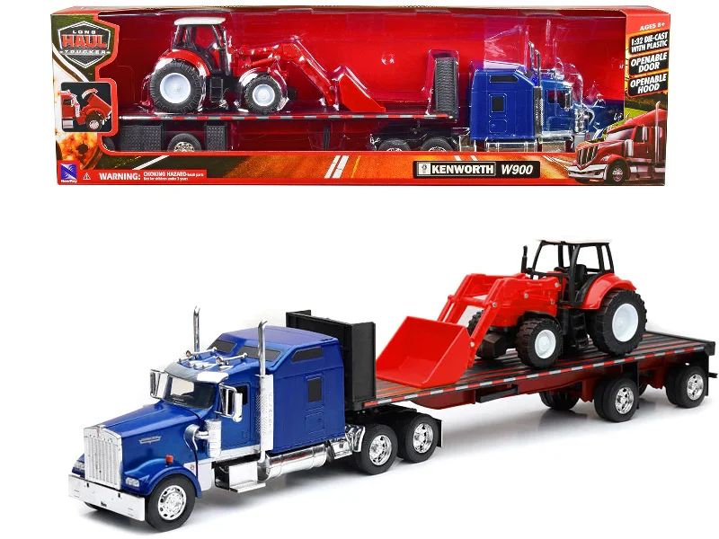 Kenworth W900 Truck with Flatbed Trailer Blue Metallic with Farm Tractor Red "Long Haul Truckers" Series 1/32 Diecast Model by New Ray Kenworth W900 Truck with Flatbed Trailer Blue Metallic with Farm Tractor Red "Long Haul Truckers" Series 1/32 Diecast Model by New Ray