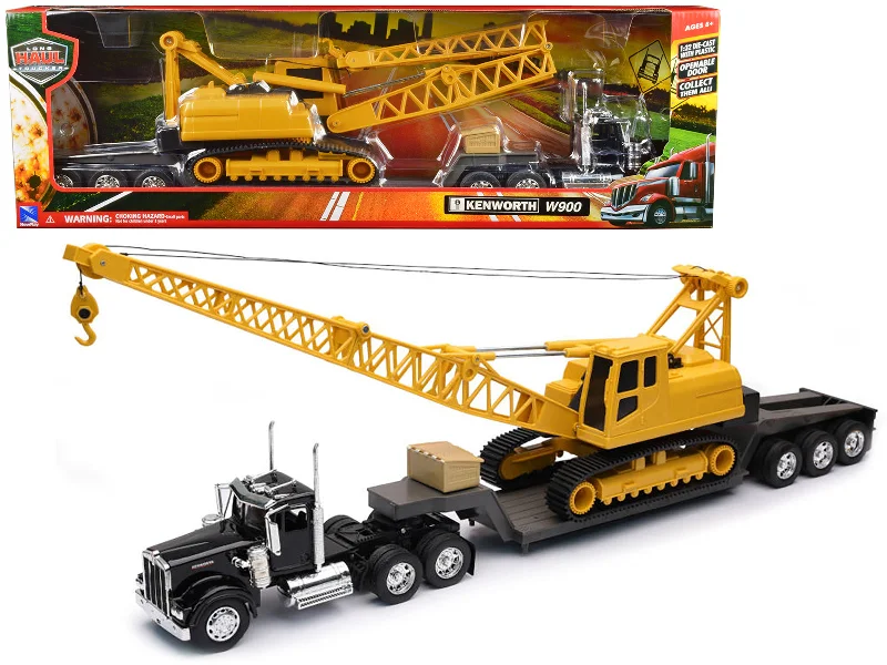 Kenworth W900 Truck with Lowboy Trailer Black and Crane Yellow "Long Haul Trucker" Series 1/32 Diecast Model by New Ray Kenworth W900 Truck with Lowboy Trailer Black and Crane Yellow "Long Haul Trucker" Series 1/32 Diecast Model by New Ray