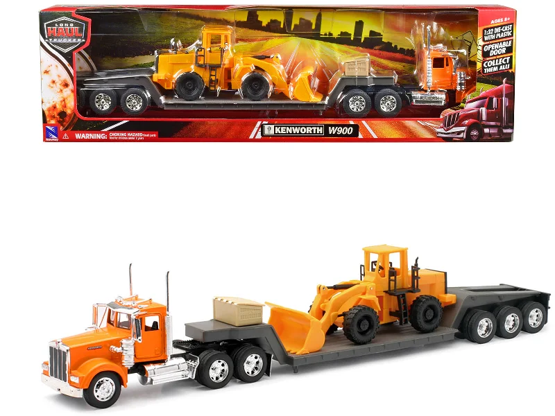 Kenworth W900 Truck with Lowboy Trailer Orange and Wheel Loader Yellow "Long Haul Trucker" Series 1/32 Diecast Model by New Ray Kenworth W900 Truck with Lowboy Trailer Orange and Wheel Loader Yellow "Long Haul Trucker" Series 1/32 Diecast Model by New Ray
