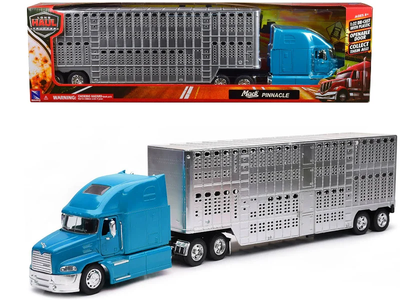 Mack Pinnacle Truck with Pot Belly Livestock Trailer Blue and Chrome "Long Haul Truckers" Series 1/32 Diecast Model by New Ray Mack Pinnacle Truck with Pot Belly Livestock Trailer Blue and Chrome "Long Haul Truckers" Series 1/32 Diecast Model by New Ray