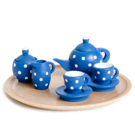 Dolls with Victorian - era accessories for a classic look Miniature Blue Polka Dot Dollhouse Tea Set Dolls with Victorian - era accessories for a classic look Miniature Blue Polka Dot Dollhouse Tea Set