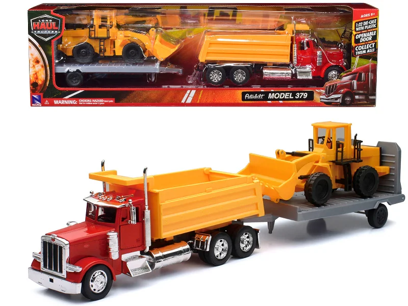 Peterbilt 379 Dump Truck Red and Wheel Loader Yellow with Flatbed Trailer "Long Haul Truckers" Series 1/32 Diecast Model by New Ray Peterbilt 379 Dump Truck Red and Wheel Loader Yellow with Flatbed Trailer "Long Haul Truckers" Series 1/32 Diecast Model by New Ray