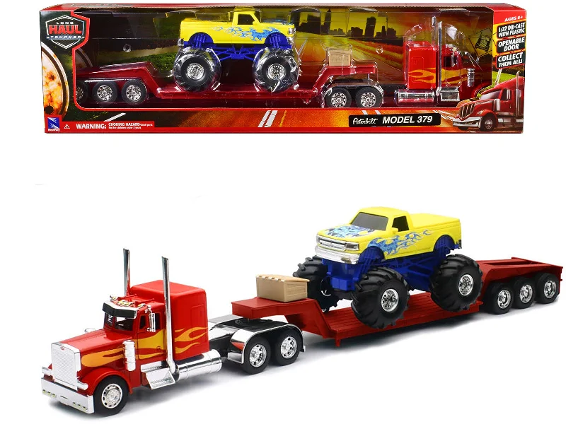 Peterbilt 379 Truck with Lowboy Trailer Red with Orange Flames and Monster Truck Yellow with Blue Flames "Long Haul Truckers" Series 1/32 Diecast Model by New Ray Peterbilt 379 Truck with Lowboy Trailer Red with Orange Flames and Monster Truck Yellow with Blue Flames "Long Haul Truckers" Series 1/32 Diecast Model by New Ray