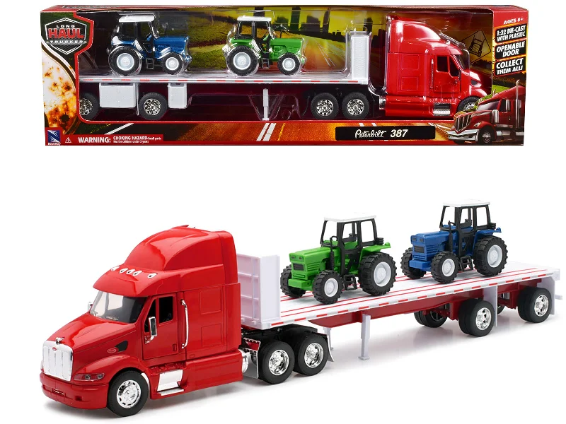 Peterbilt 387 Flatbed Truck Red with 2 Farm Tractors Blue and Green "Long Haul Trucker" Series 1/32 Diecast Model by New Ray Peterbilt 387 Flatbed Truck Red with 2 Farm Tractors Blue and Green "Long Haul Trucker" Series 1/32 Diecast Model by New Ray