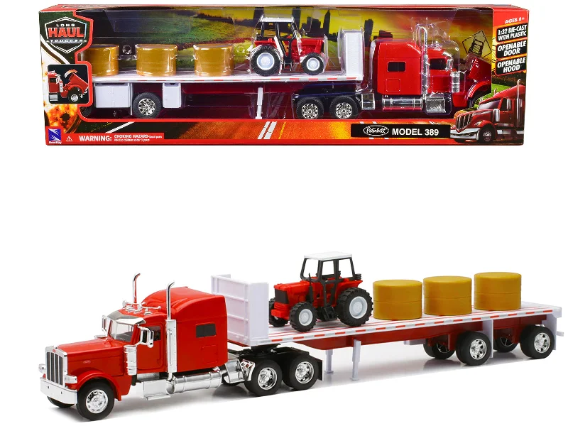 Peterbilt 389 Flatbed Truck Red with Farm Tractor Red and Hay Bales "Long Haul Trucker" Series 1/32 Diecast Model by New Ray Peterbilt 389 Flatbed Truck Red with Farm Tractor Red and Hay Bales "Long Haul Trucker" Series 1/32 Diecast Model by New Ray