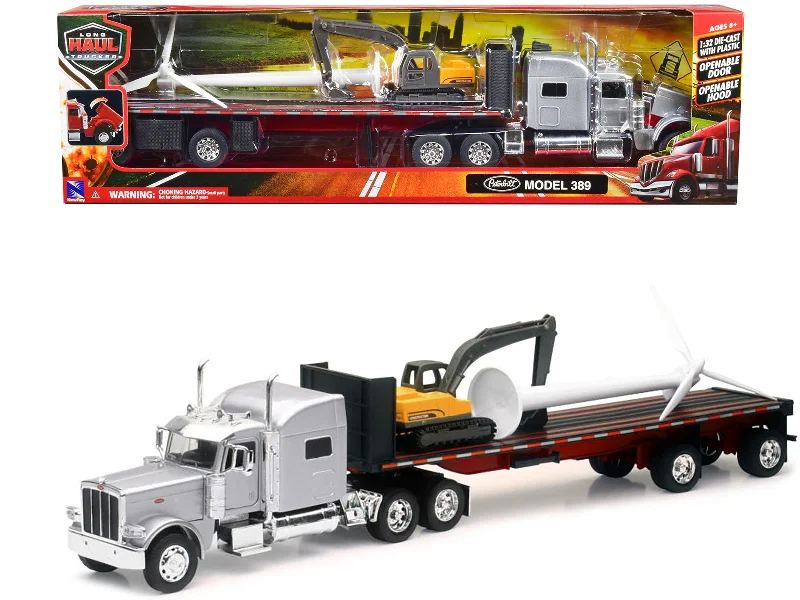 Peterbilt 389 Truck with Flatbed Trailer Silver Metallic with Excavator and Wind Turbine "Long Haul Truckers" Series 1/32 Diecast Model by New Ray Peterbilt 389 Truck with Flatbed Trailer Silver Metallic with Excavator and Wind Turbine "Long Haul Truckers" Series 1/32 Diecast Model by New Ray