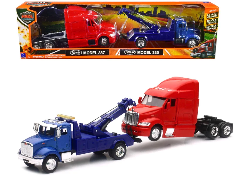 Peterbilt Model 335 Tow Truck Blue and Peterbilt Model 387 Cab Red Set of 2 Pieces 1/43 by New Ray Peterbilt Model 335 Tow Truck Blue and Peterbilt Model 387 Cab Red Set of 2 Pieces 1/43 by New Ray