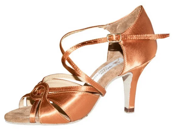 Aida Dance Cindy 073D Dark Tan Satin Ladies Latin Shoe with Wrap-Around Strap Design in Stock