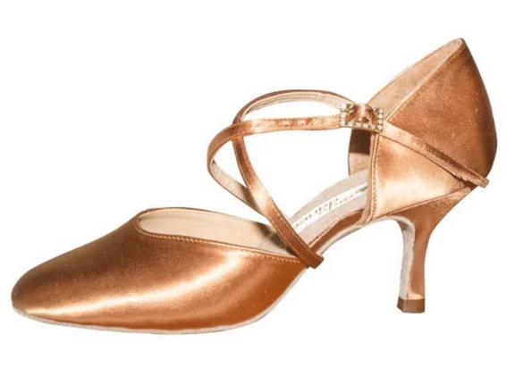 Aida Dance Eva 030E Tan Satin Smooth Ballroom Shoe with Crossover Strap in Stock