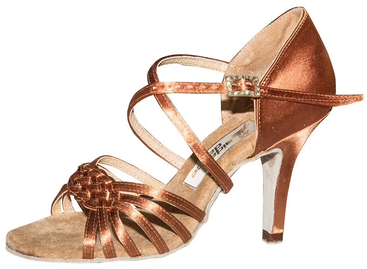 Aida Dance Andra 080E Dark Tan Satin Ladies Latin Shoe with Woven Vamp in Stock