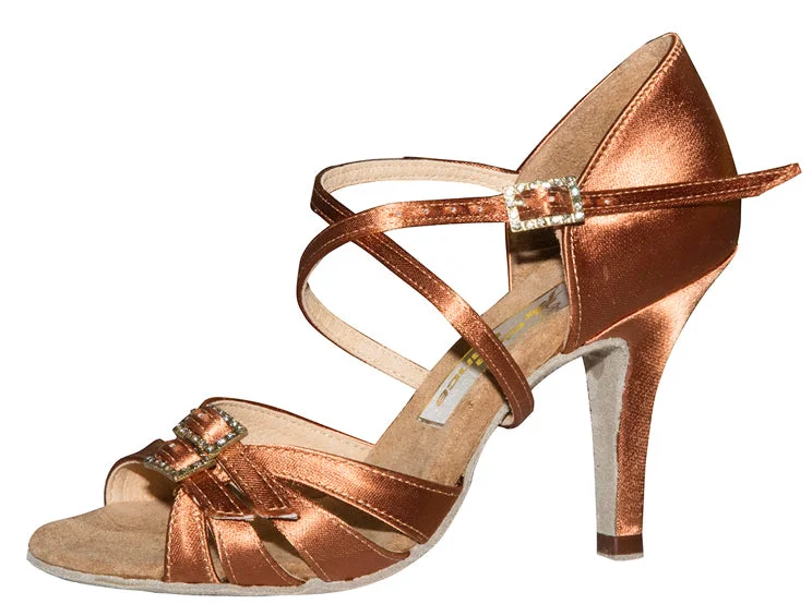 Aida Dance Nikolishina 071E Dark Tan Satin Ladies Latin Shoe with Adjustable Front Straps and Slim Heel