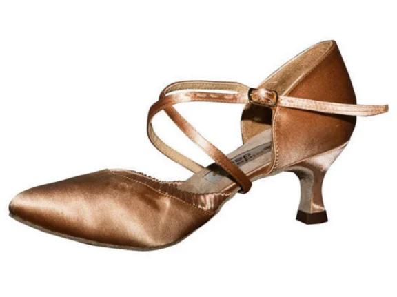 Aida Meredith 030P Tan Satin Ladies Smooth Ballroom Dance Shoe with Elastic Band in Stock