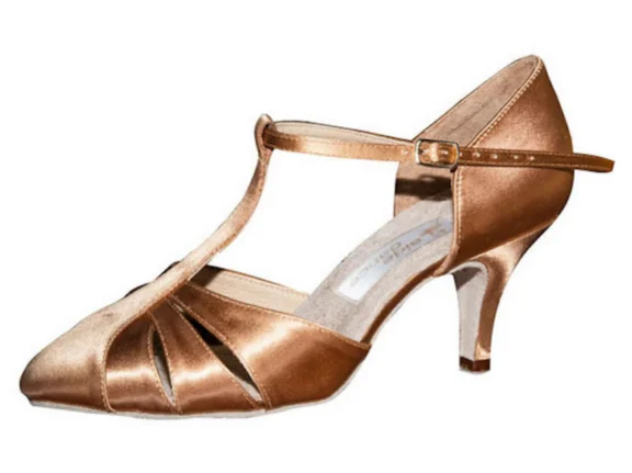 Aida Vika 032E Tan Satin Ladies Smooth Ballroom Shoe with T-Strap Design in Stock