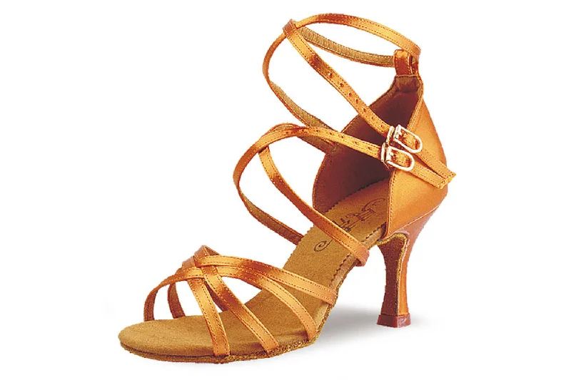 BD Dance 205 Ladies Latin Dance Shoe with Double Cross Ankle Straps Dark Tan Satin